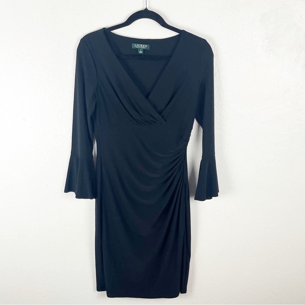 LAUREN RALPH LAUREN Black Bell Sleeves V-Neck Draped Front Cocktail Dress 6